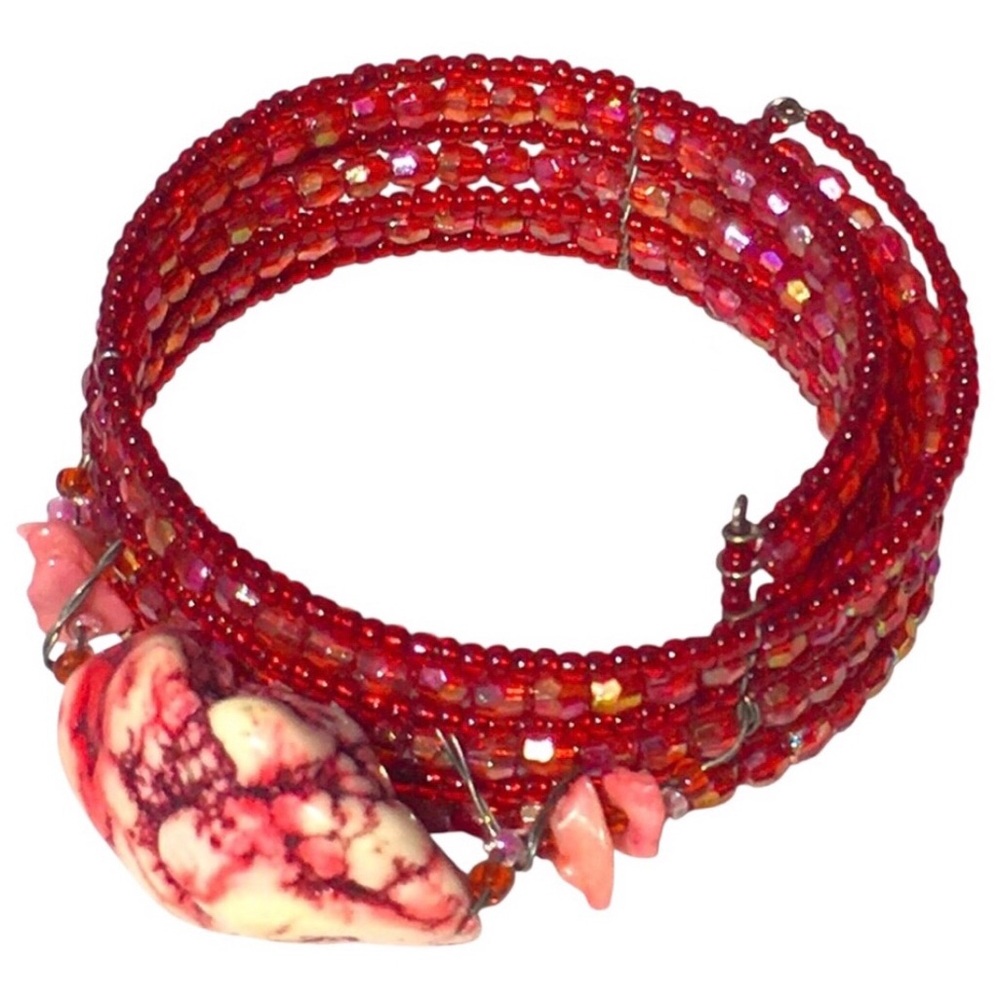 Large Natural Stone Handmade Red Memory Wire Beaded Cuff Bracelet